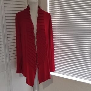 Chico's Red Acetate Jersey Pleated Ruffled Open-Front Cardigan
